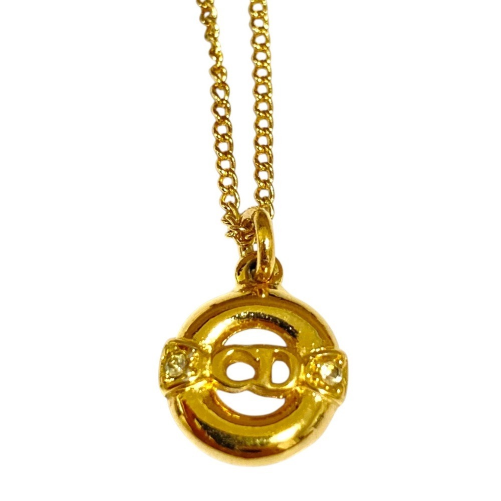 Christian Dior Vintage Circle CD Logo Rhinestone Necklace, Gold Color, Women's